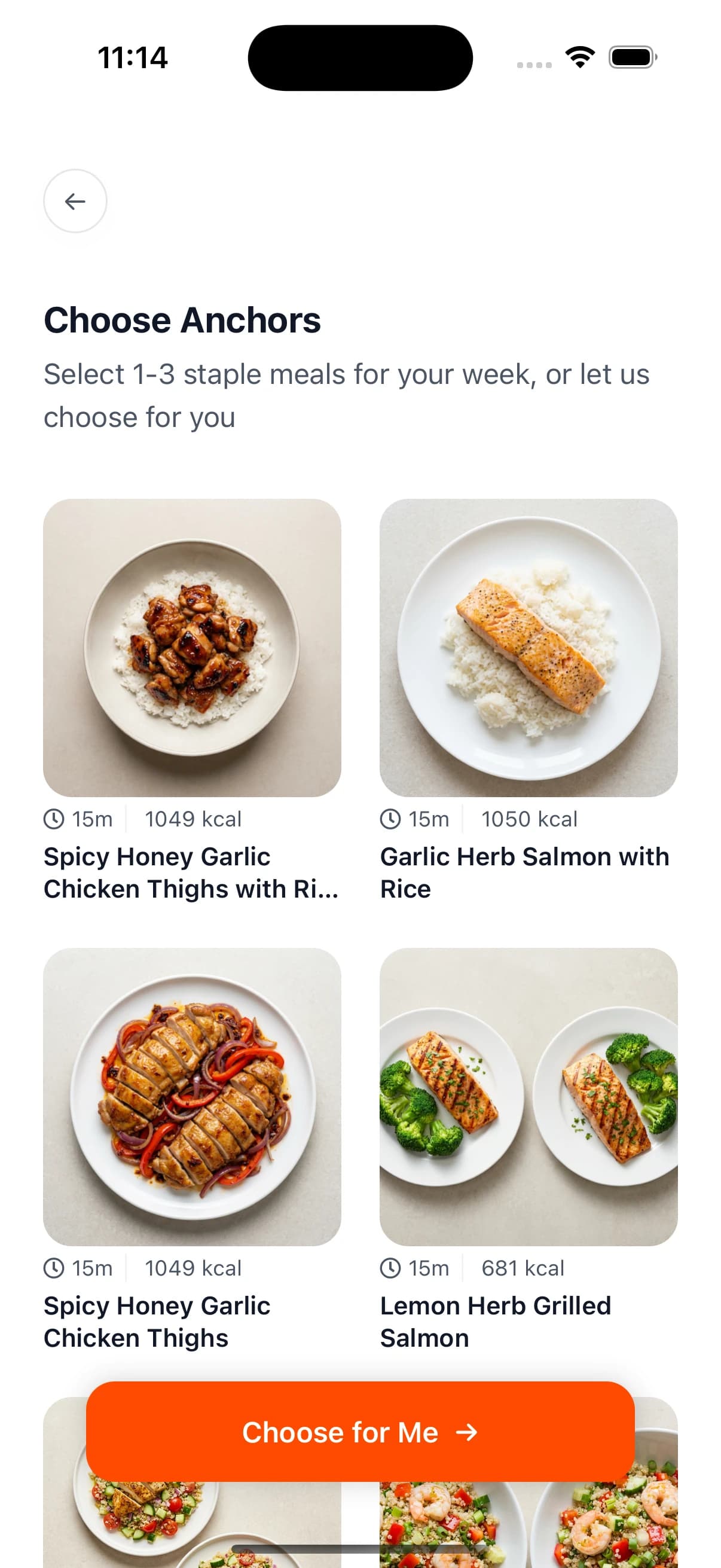 Anchor meals selection screen