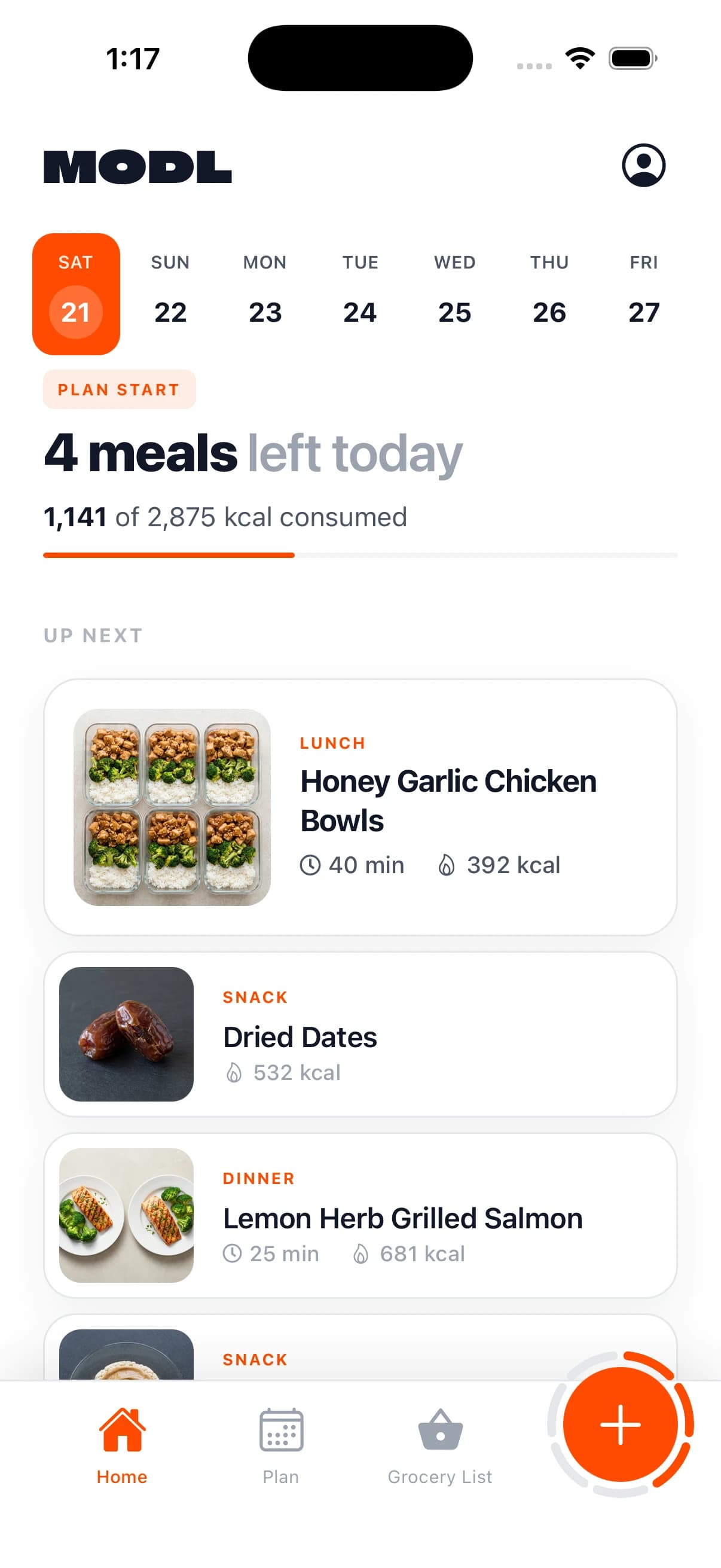 MODL app daily view showing logged meals